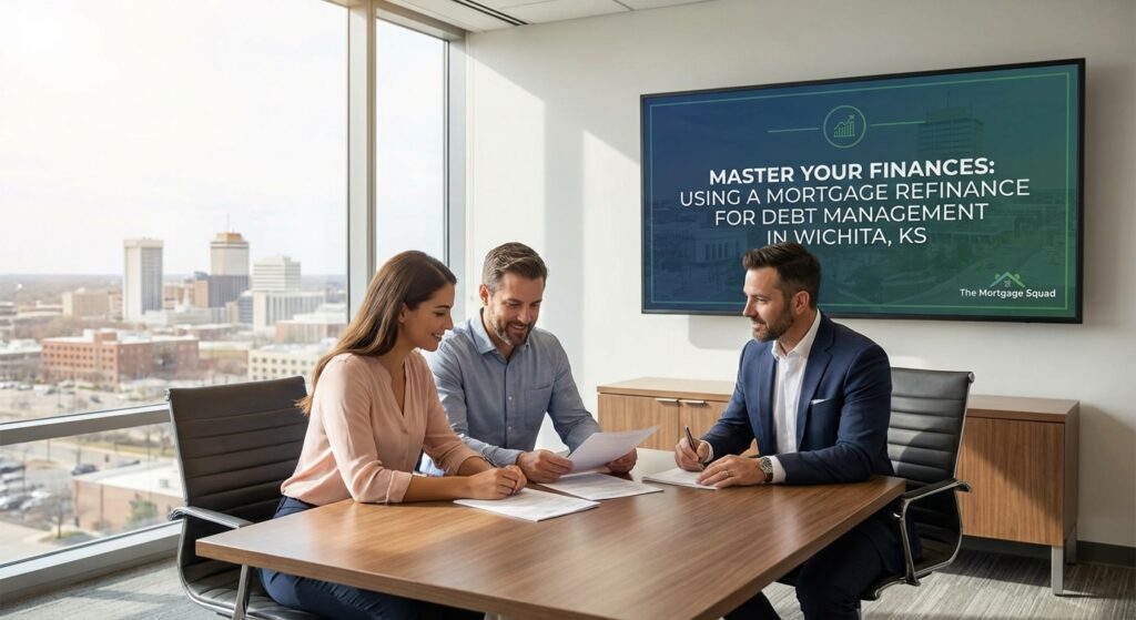 Business meeting in a bright office reviewing documents; presentation slide reads 'Master Your Finances: Using a Mortgage Refinance for Debt Management in Wichita, KS