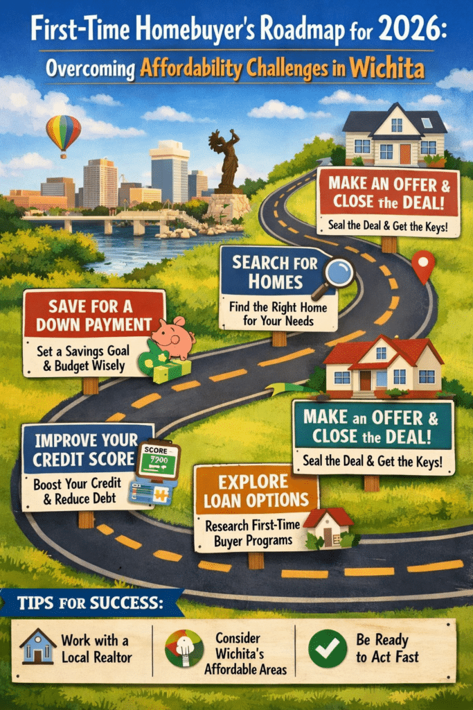 First-time homebuyer roadmap infographic for 2026 in Wichita showing steps like saving, improving credit, exploring loans, and closing on a home